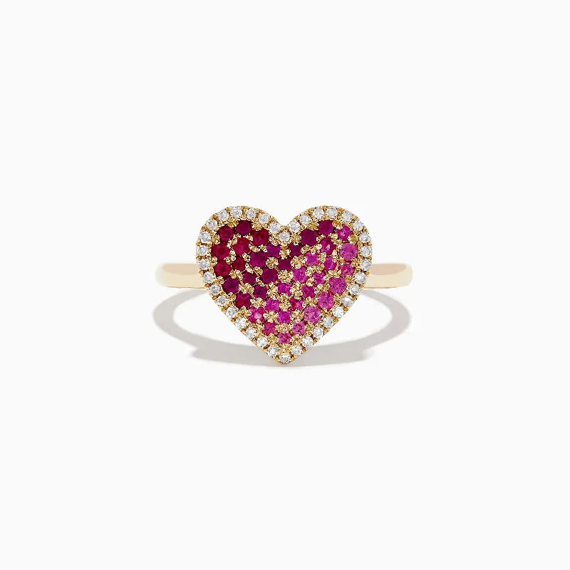 Engagement rings-Novelty 14K Yellow Gold Pink Sapphire, Ruby and Diamond Heart Ring