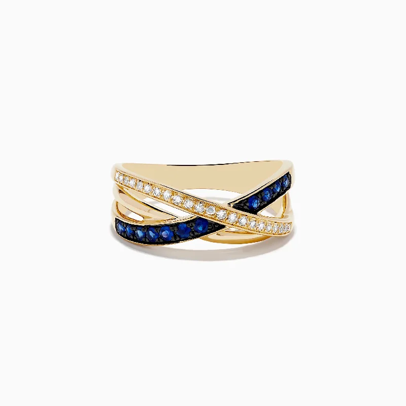 Custom birthstone rings-Royale Bleu 14K Yellow Gold Blue Sapphire and Diamond Crossover Ring