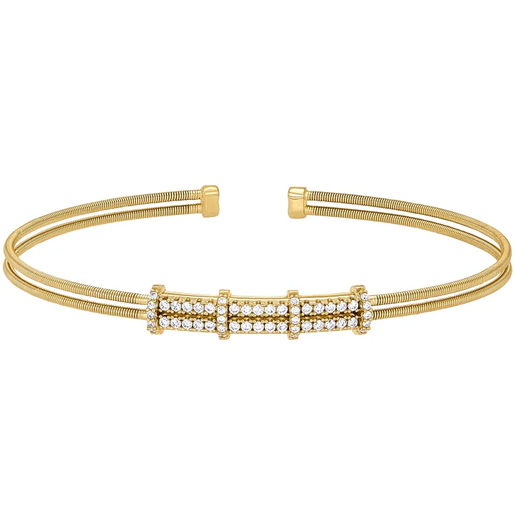 Gold Bracelets For Men-Gold Finish Sterling Silver Two Cable Cuff Bracelet with Two Row Simulated Diamond Pattern