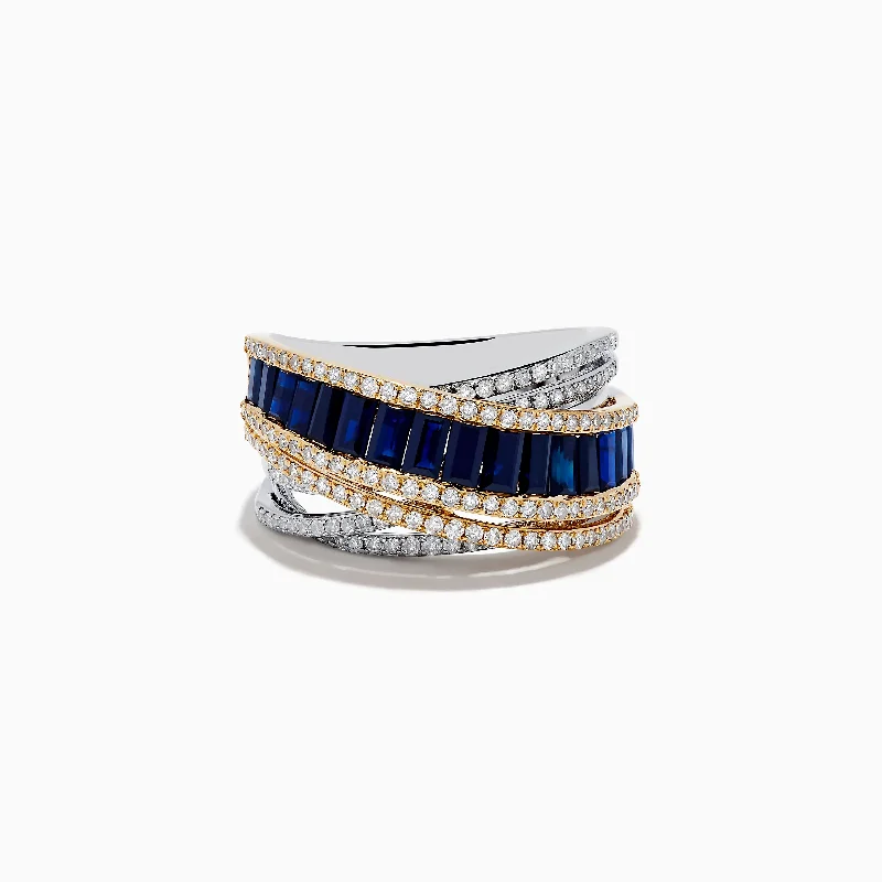 Custom wedding rings with precious gemstones-Royal Bleu 14K White & Yellow Gold Sapphire and Diamond Criss Cross Ring