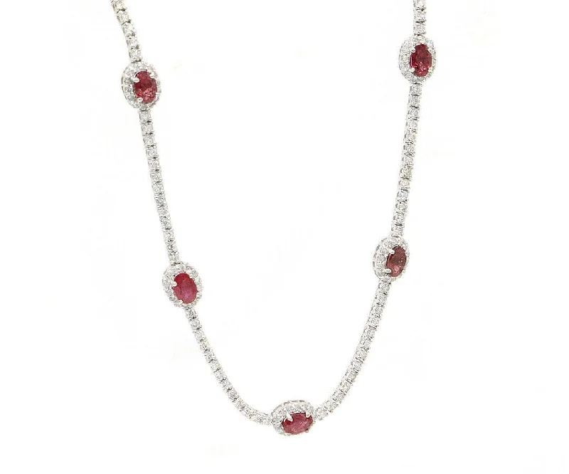 Adjustable Chain Necklaces -2.55ctw Oval Ruby and 4.50ctw Diamond Frame Station Necklace in 18K