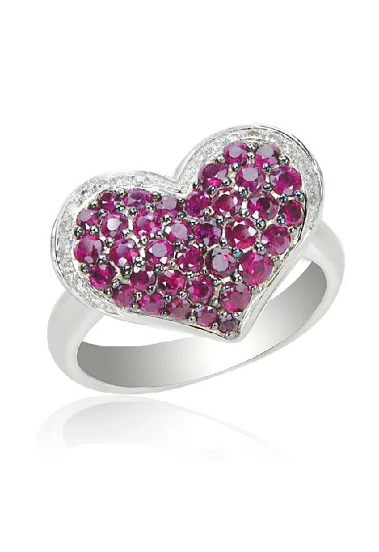 Custom rings-14K White Gold Ruby and Diamond Heart Ring, 1.32 TCW