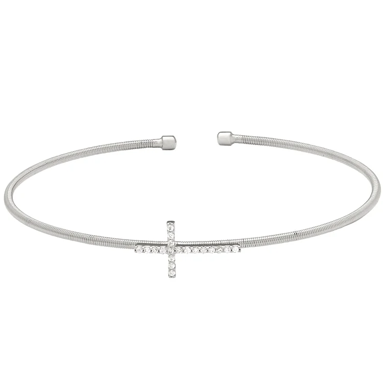 Trendy Bracelets For Men With Stones-Rhodium Finish Sterling Silver Cable Cuff Cross Bracelet with Simulated Diamonds