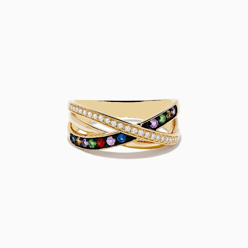 Affordable gold wedding bands-Watercolors 14K Yellow Gold Multi Sapphire and Diamond Ring