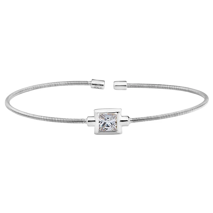 Custom Birthstone Bracelets-Rhodium Finish Sterling Silver Cable Cuff Bracelet with Princess Cut Simulated Diamond Birth Gem