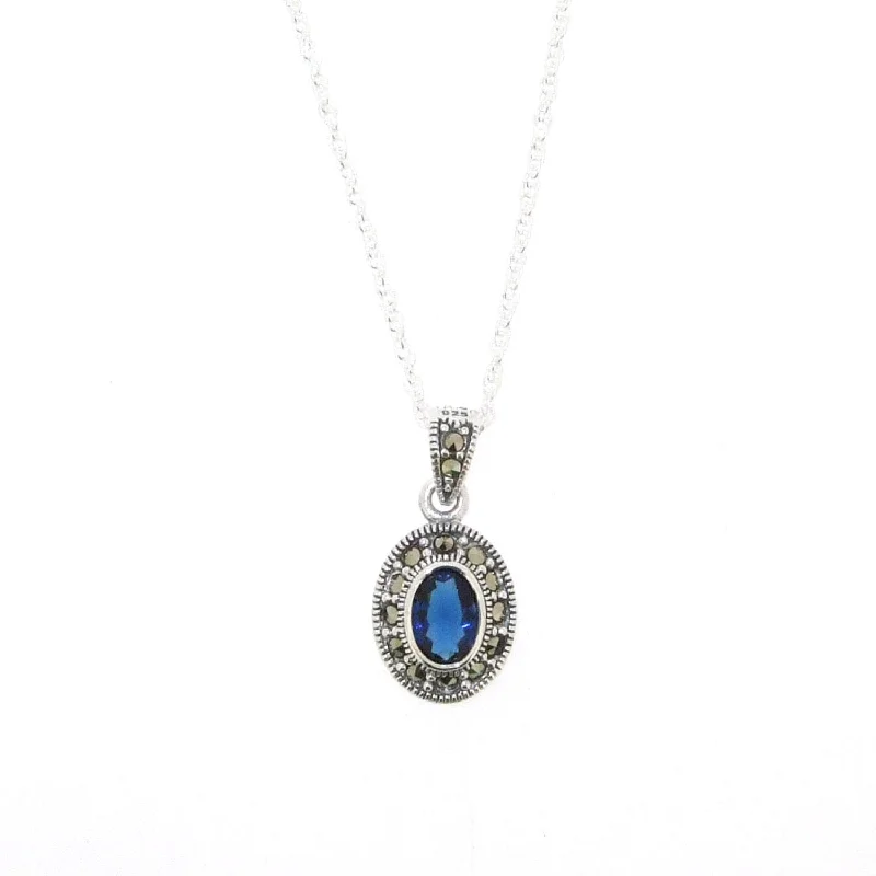 Christmas Necklaces -Sapphire Blue Pendant Necklace Silver Marcasite on chain Cubic Zirconia