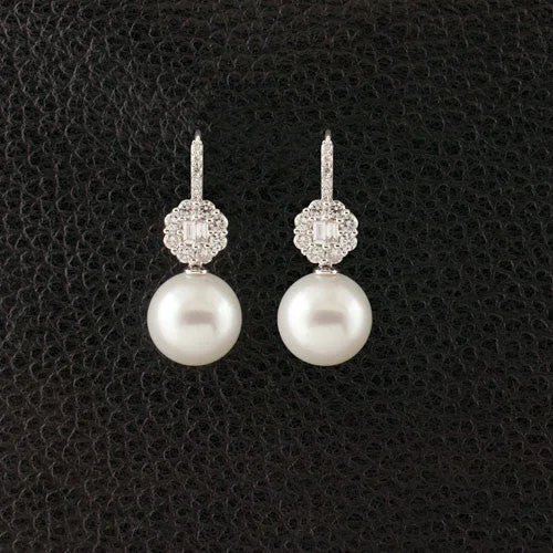 Beaded Earrings-Pearl & Diamond Dangle Earrings