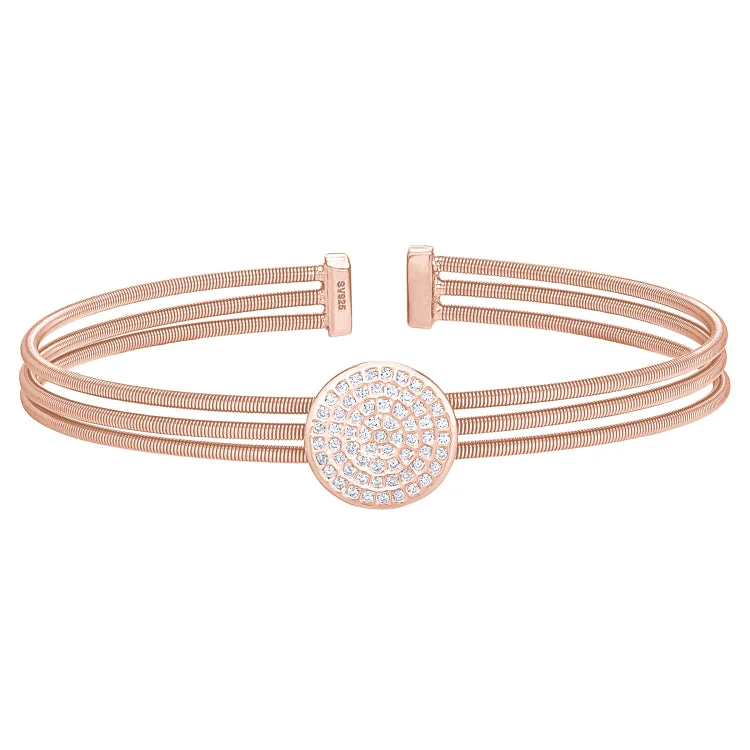 Leather Bracelets With Personalization-Rose Gold Finish Sterling Silver Three Cable Cuff One Circle Bracelet with Simulated Diamonds