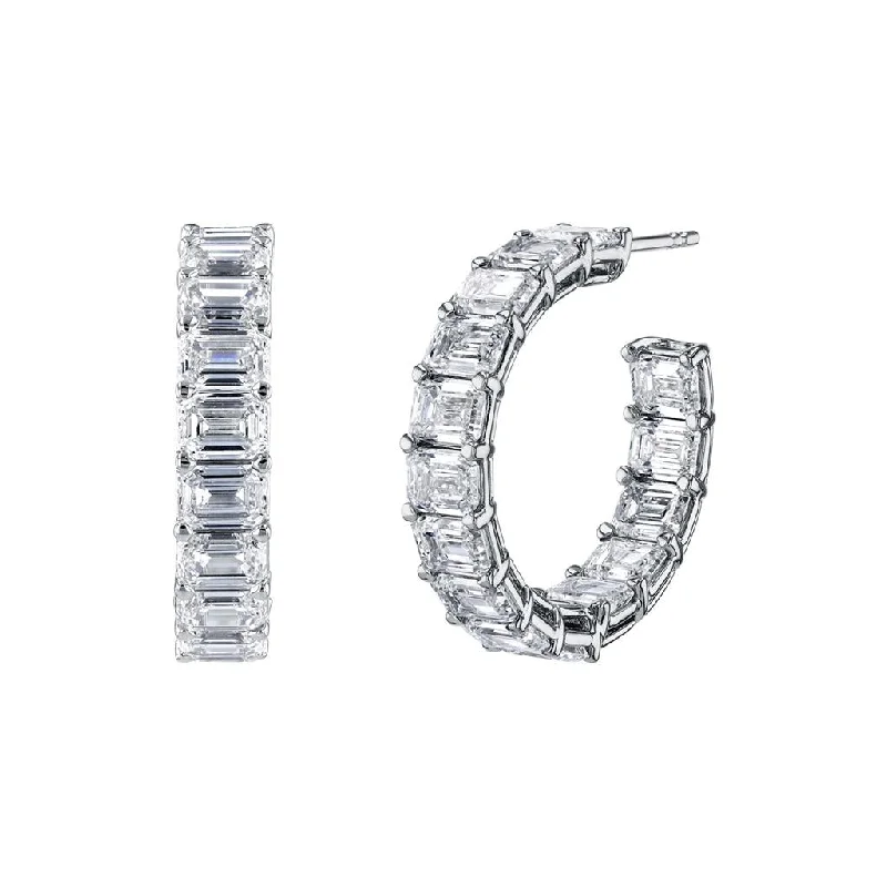 Stud Earrings For Gift-14K White Gold Emerald Cut Diamond Shared Prong Hoop Earrings - 6.44cttw