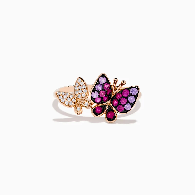 Stylish engagement rings with sapphires-Nature 14K Rose Gold Pink Sapphire and Diamond Butterfly Ring