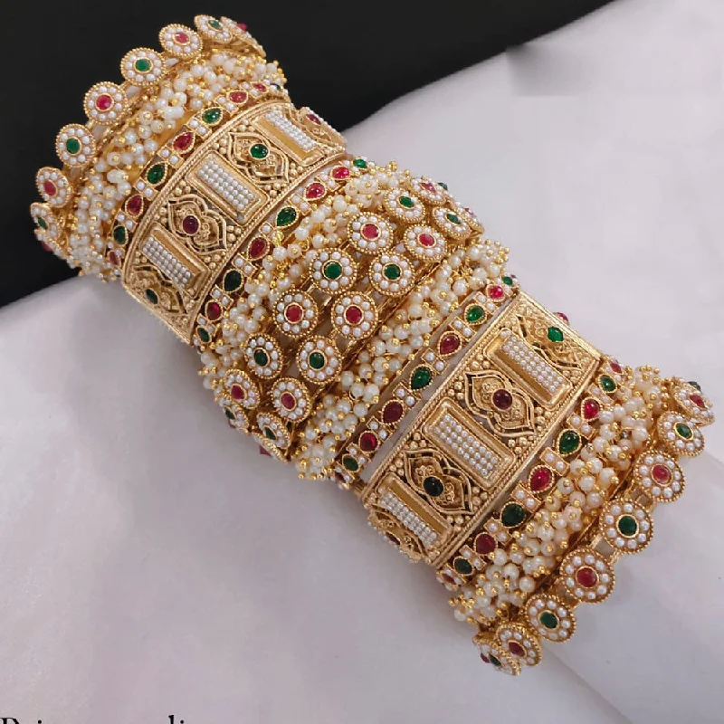 Bangles For Elegant Style-Akruti Collection Gold Plated Pota Stone And Pearl Openable Bangle Set