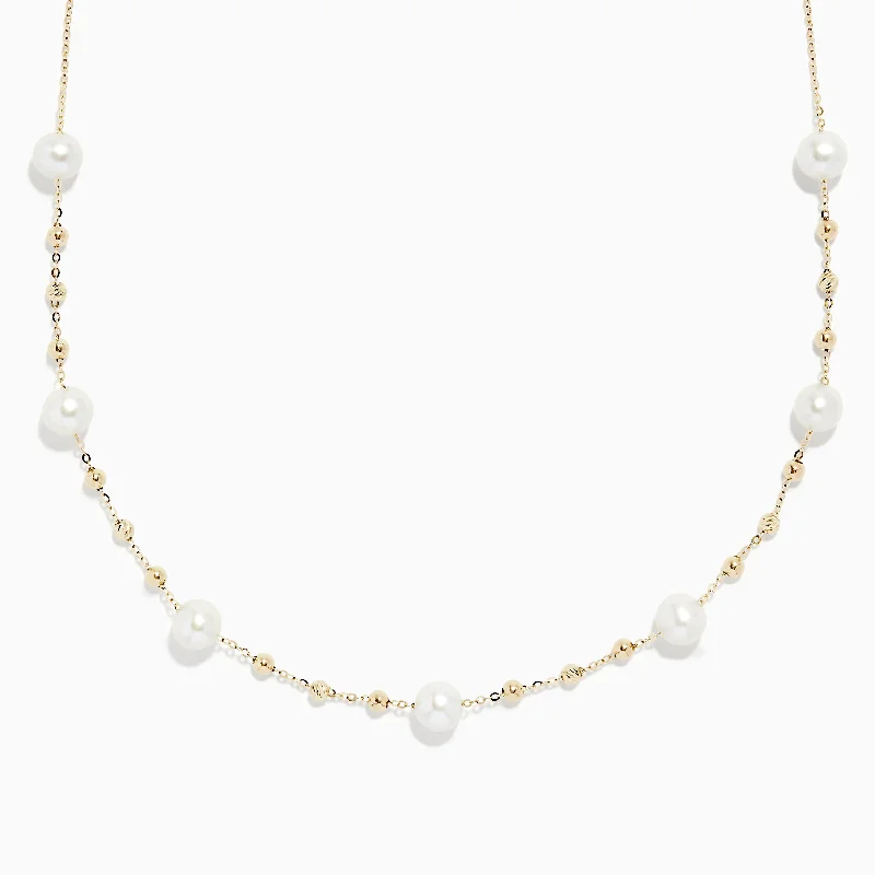 Aquamarine Necklaces -14K Yellow Gold 16" Pearl Station Necklace