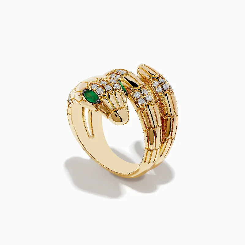 Fashion rings with gemstones-Safari 14K Yellow Gold Diamond and Emerald Snake Ring