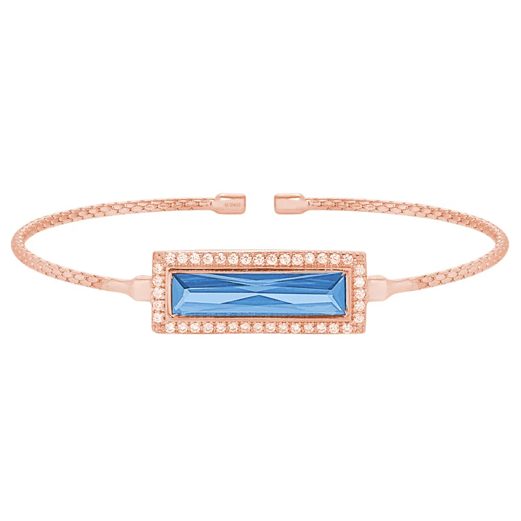 Men's Stainless Steel Bracelets-Rose Gold Finish Sterling Silver Cable Cuff Bracelet with Rectangular Simulated Blue Topaz Stone and Simulated Diamonds