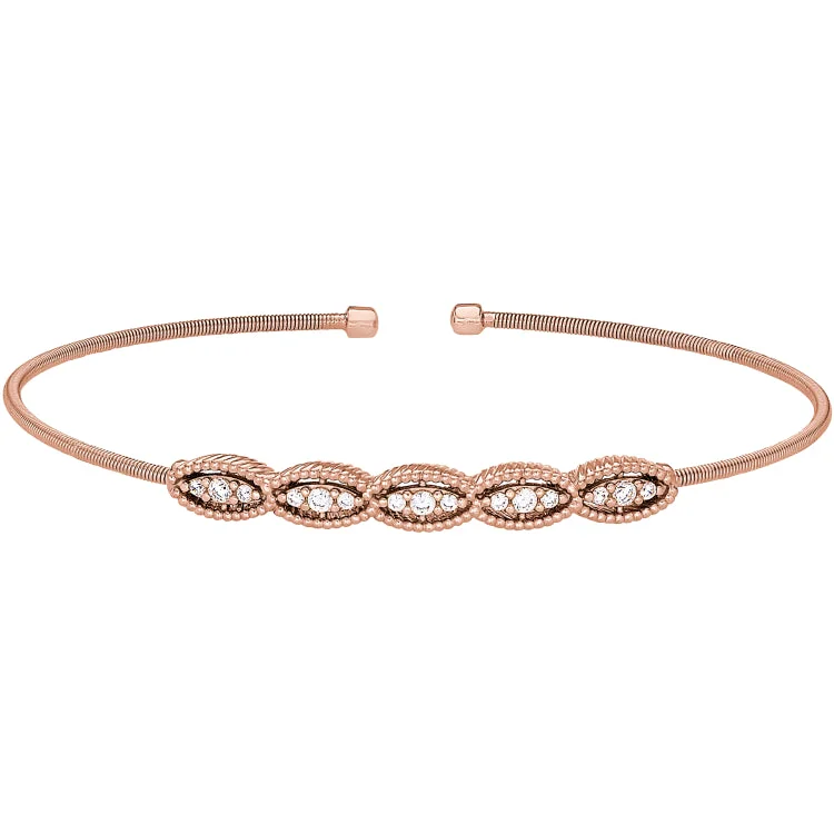 Engraved Custom Bracelets For Women-Rose Gold Finish Sterling Silver Cable Cuff Bracelet with Five Simulated Diamond Marquise Shapes