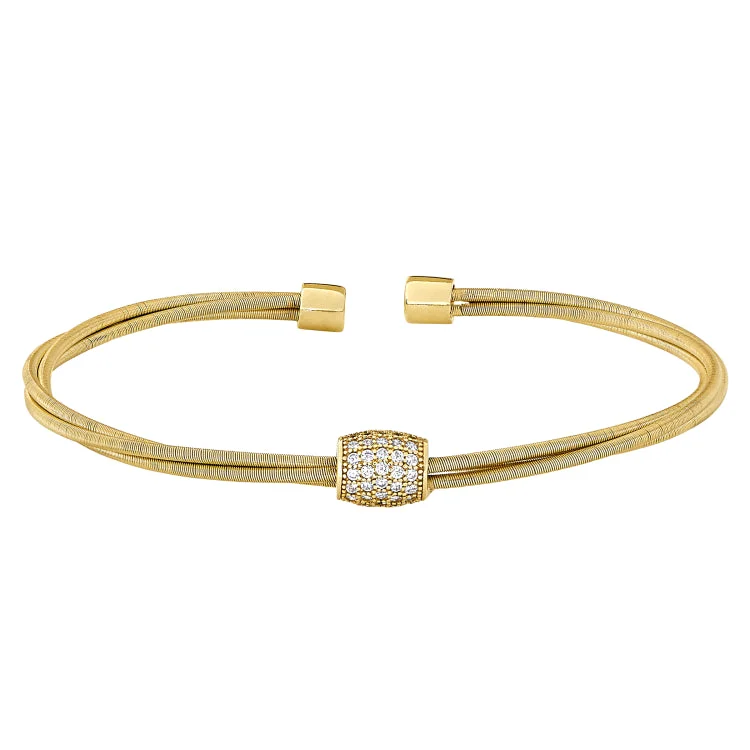 Luxury Bracelets For Women-Gold Finish Sterling Silver Three Cable Cuff Bracelet with Five Row Simulated Diamond Barrel