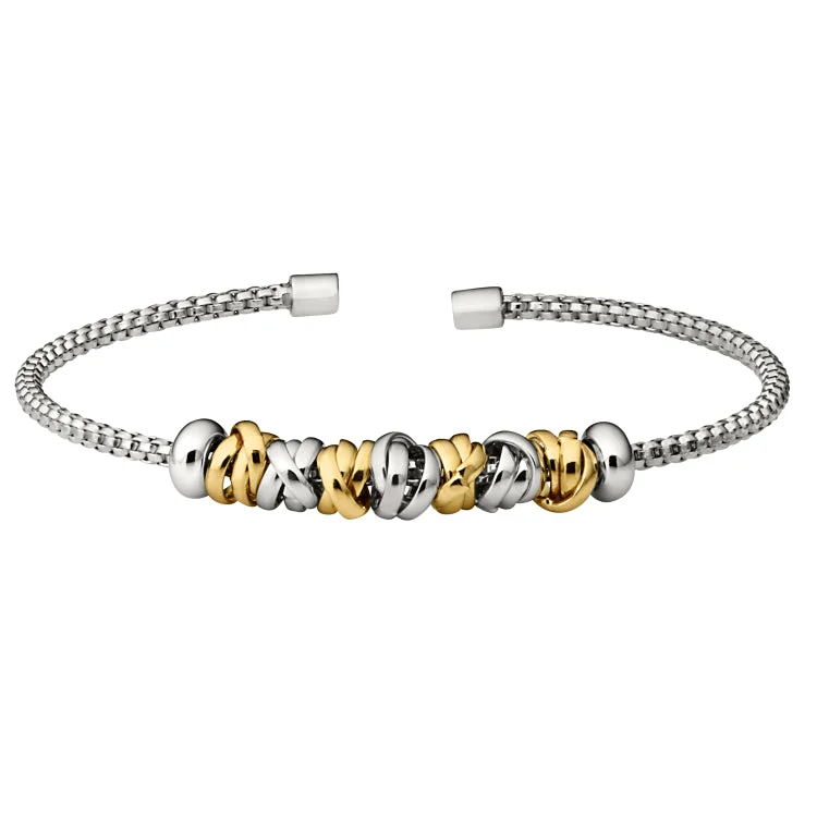 Silver Chain Bracelets For Casual Look-Rhodium Finish Sterling Silver Rounded Box Link Cuff Bracelet with Rhodium and Gold Finish Interlocked Rings