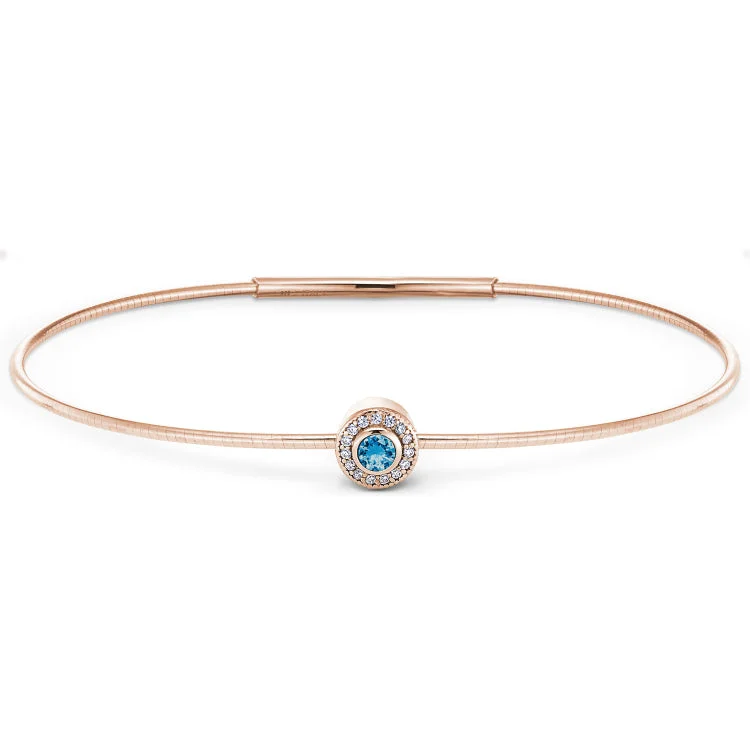 Elegant Cuff Bracelets For Women-Rose Gold Finish Finish Sterling Silver Round Simulated Blue Topaz Birth Gem Bracelet with Simulated Diamonds