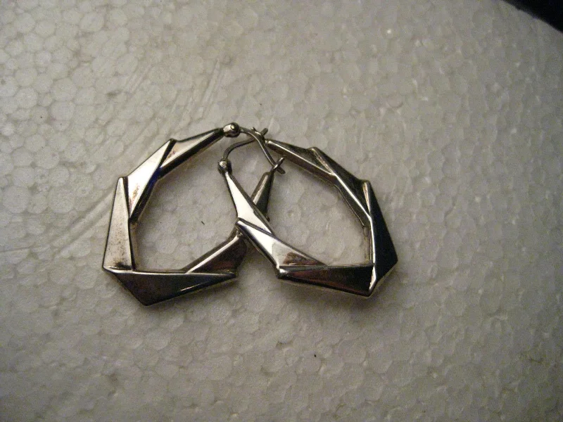 Stylish Drop Earrings For Wedding-Vintage Sterling Silver  Angled  Hoop Pierced Earrings, Locking Hinged Post,  1.25"