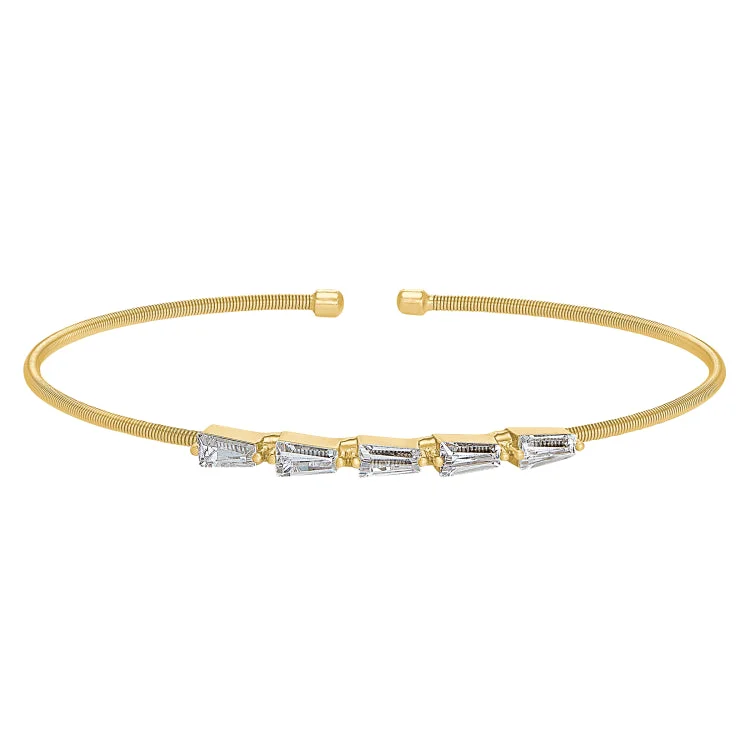 Stackable Bracelets For Women-Gold Finish Sterling Silver Cable Cuff 5 Tapered Baguettes Bracelet with Simulated Diamonds