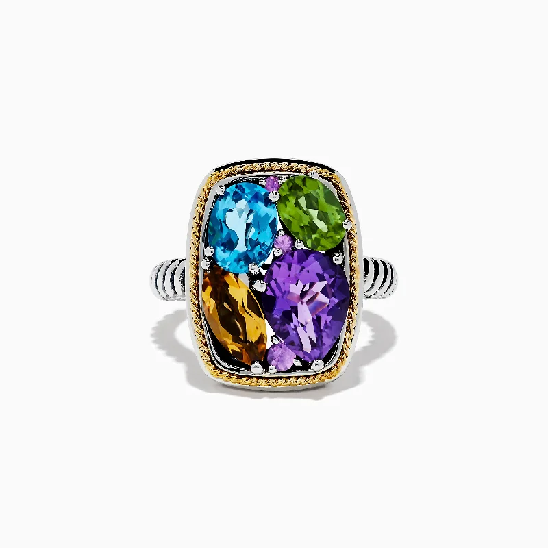 Unique rings with birthstones-Mosaic 925 Sterling Silver & 18K Gold Multi Color Ring