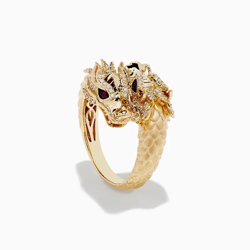 Gemstone wedding bands-Safari 14K Yellow Gold Ruby and Diamond Dragon Ring