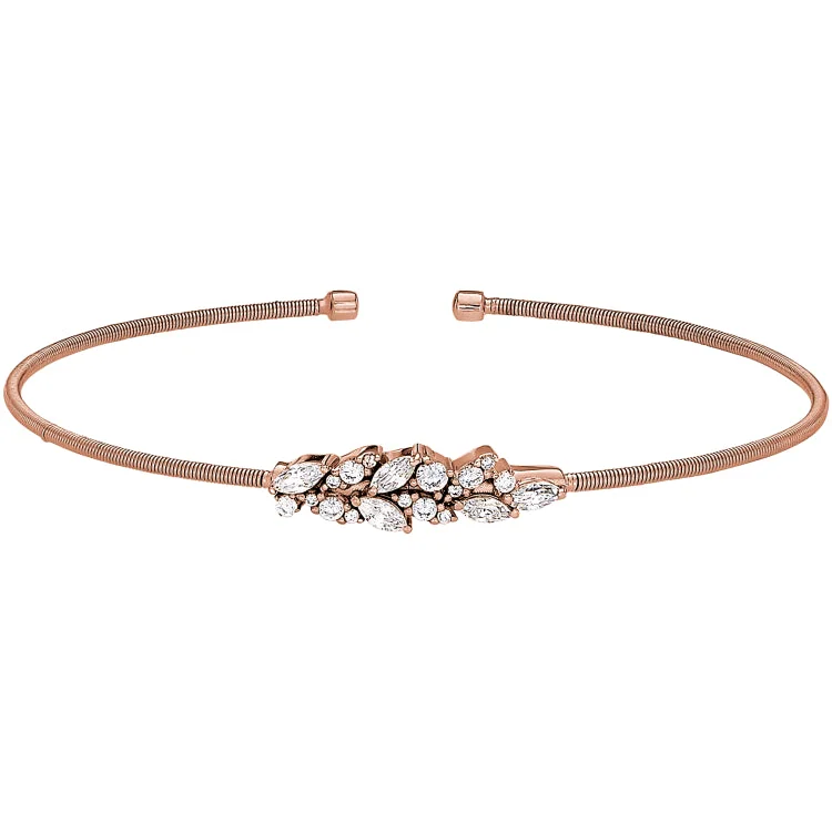 Fashion Bracelets For Elegant Look-Rose Gold Finish Sterling Silver Cable Cuff Bracelet with Simulated Diamond Leaf Pattern