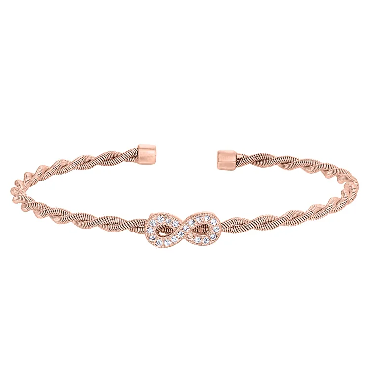 Unique Adjustable Bracelets For Teens-Rose Gold Finish Sterling Silver Thin Tightly Twisted Cable Cuff Bracelet with Infinity with Simulated Diamonds