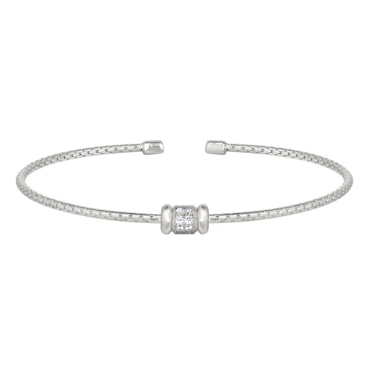 Silver Heart Bracelets For Women-Rhodium Finish Sterling Silver Corean Cable Cuff Bracelet with a Barrell with Simulated Diamonds