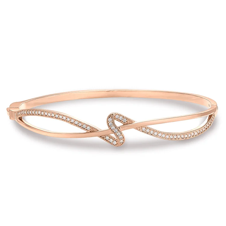 Gold Plated Bracelets For Women-Rose Gold Finish Sterling Silver Micropave Ribbon Swirll Bangle Bracelet with Simulated Diamonds