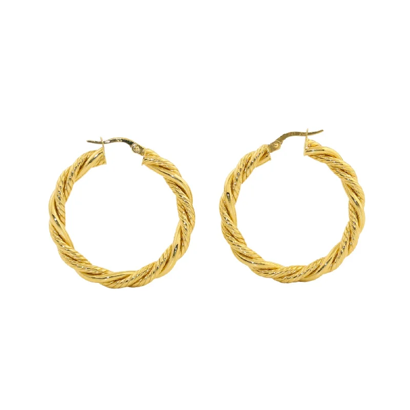 Elegant Silver Earrings-14K Italian Gold x 4mm Semi-Hollow Rope Hoops