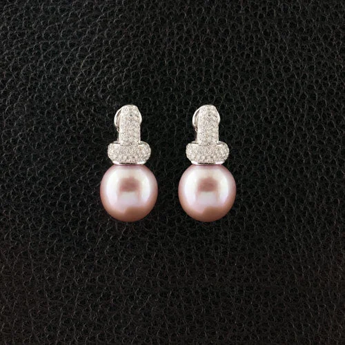 Vintage Gold Earrings-Pink Pearl & Diamond Earrings