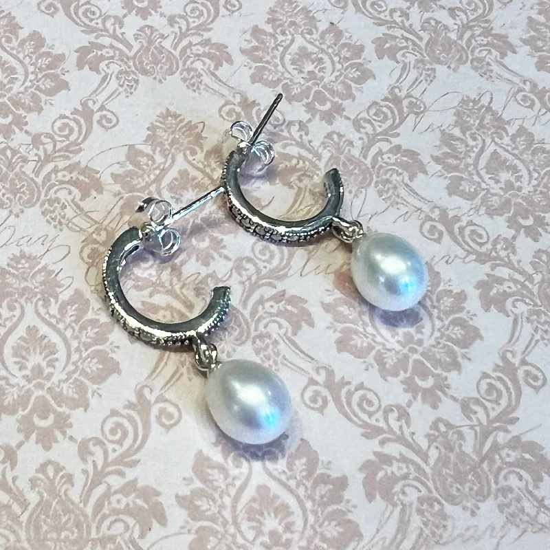 Hoop Earrings-Art Deco Hoop Earrings Freshwater Pearl Vintage Bride Wedding Silver Marcasite