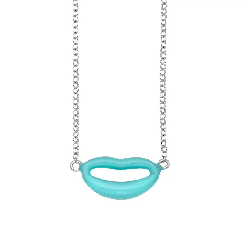 Modern Pearl Necklaces -14K White Gold 18" Turquoise Enamel Italian Kiss Necklace with Extender WRC5590-18