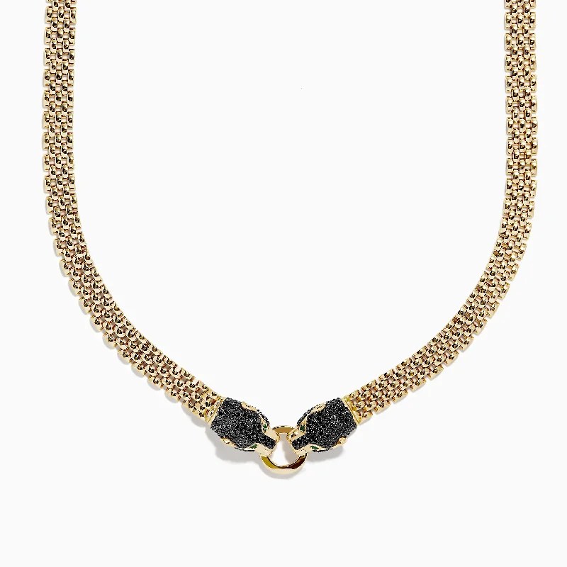 Unique Metal Necklaces -Signature 14K Gold Black Diamond and Emerald Panther Necklace, 1.27