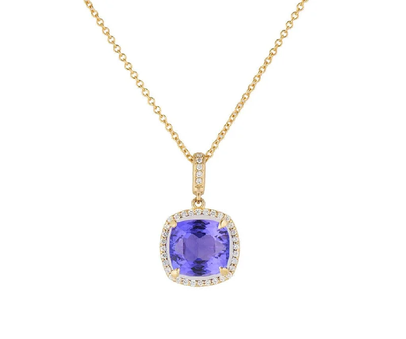 Symbolic Necklaces -4.90ct Cushion Cut Tanzanite and 0.25ctw Diamond Frame Pendant Necklace in 14K