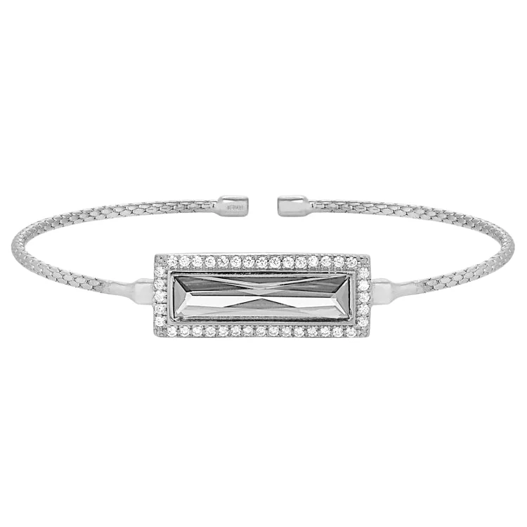 Sterling Silver Charm Bracelets-Rhodium Finish Sterling Silver Cable Cuff Bracelet with Rectangular Simulated Diamond Stone and Simulated Diamonds