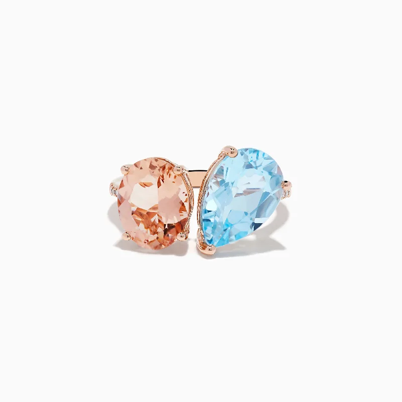 Promise rings-14K Rose Gold Blue Topaz, Morganite, and Diamond Toi Et MoiRing