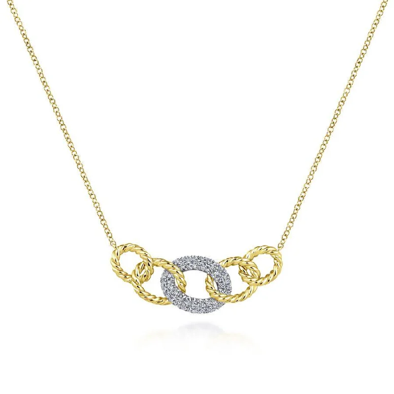 Family Birthstone Necklaces -Gabriel & Co. - NK5847M45JJ - 14K Yellow-White Gold Twisted Rope Link Necklace with Pav‚ Diamond Link Station