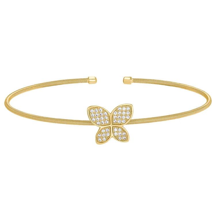 Engraved Bracelets For Women-Gold Finish Sterling Silver Cable Cuff Butterfly Bracelet with Simulated Diamonds