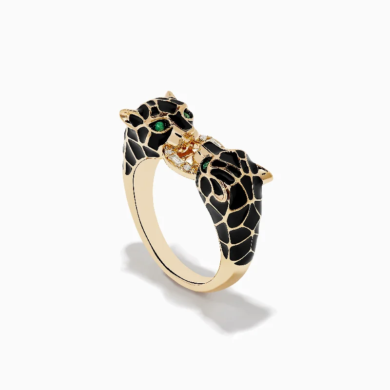 Adjustable wedding rings-Signature 14K Yellow Gold Emerald and Diamond Black Enamel Panther Ring