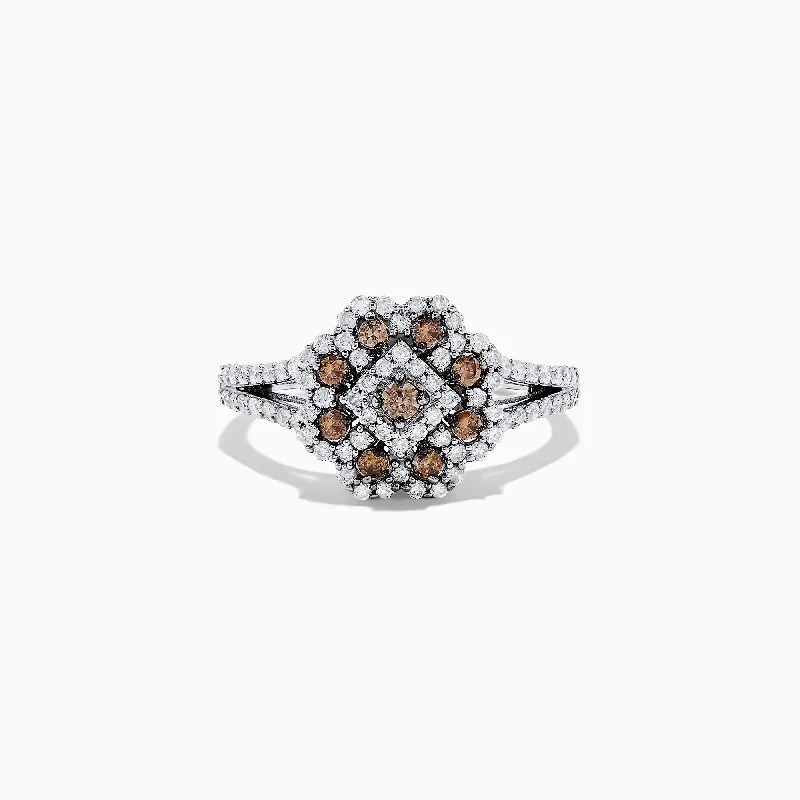 Custom engagement rings with gold settings-14K White Gold Espresso and White Diamond Flower Ring, 0.70 TCW