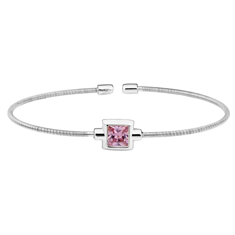 Fashionable Bracelets For Teens-Rhodium Finish Sterling Silver Cable Cuff Bracelet with Princess Cut Simulated Pink Sapphire Birth Gem