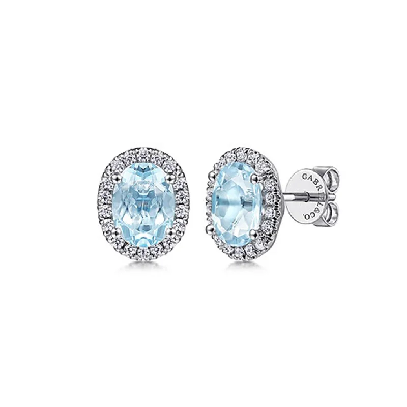 Long Dangle Earrings-Gabriel & Co. 14k White Gold Oval Aquamarine and Diamond Halo Stud Earrings