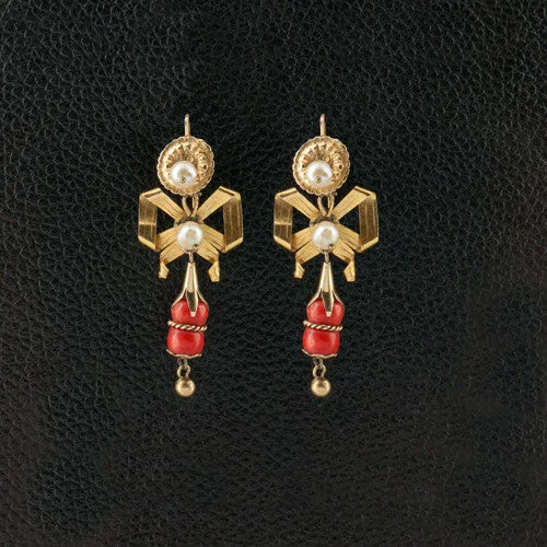 Heart Earrings-Antique Coral & Pearl Earrings