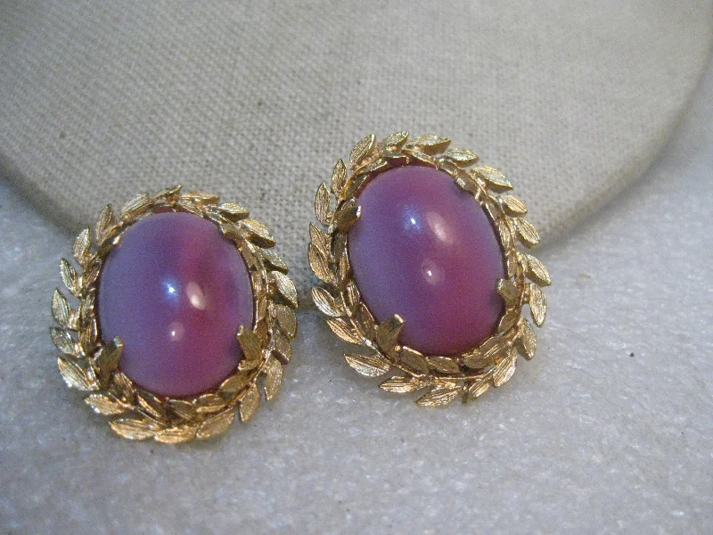 Simple Gold Earrings-Vintage Pink Moonstone Clip Earrings, signed Judy Lee, 1960's, Leaf Framed, 1.5" Long