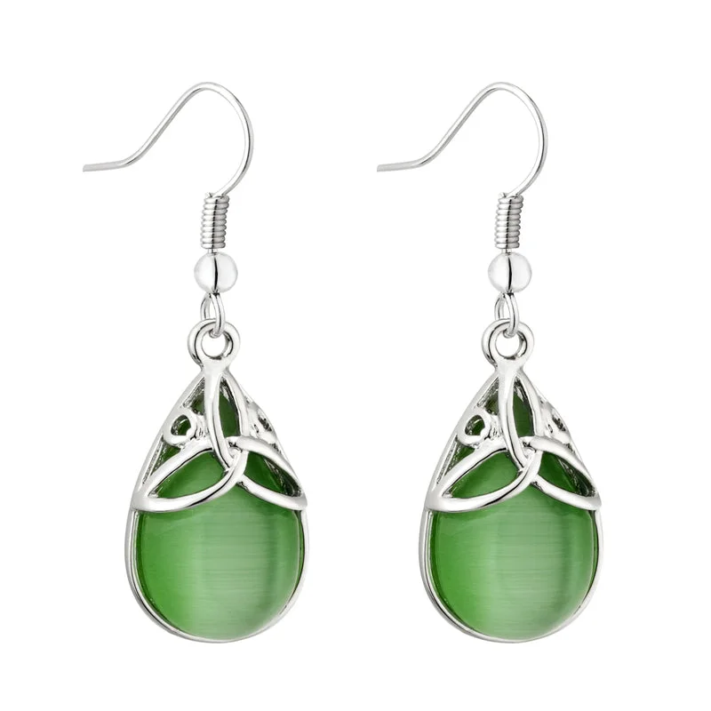 Diamond Earrings For Women-Rhodium Green Cat Eye Trinity Drop Earrings