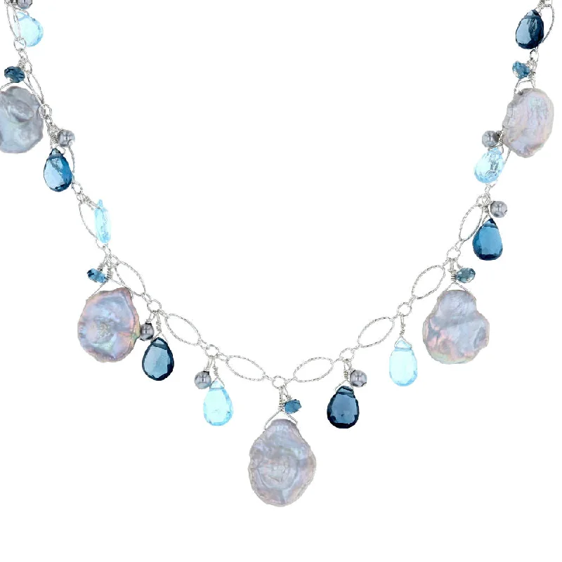 Family Birthstone Necklaces -Keshi Pearl & Briolette Blue Topaz Necklace