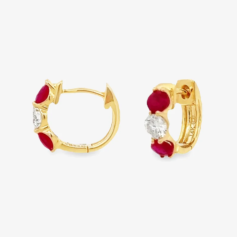 Gold Dangle Earrings-Ruby & Diamond Mini Huggie Earrings