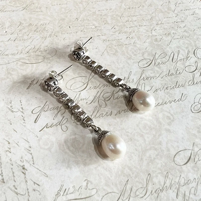 Charms Earrings-Art Deco Earrings Freshwater Pearl Vintage Bride Wedding Silver Marcasite